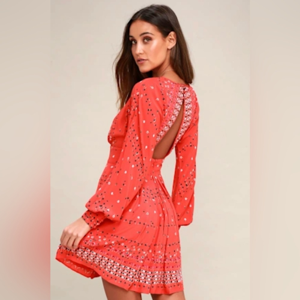 Free People Coral Long Sleeve Cutout Mini Dress